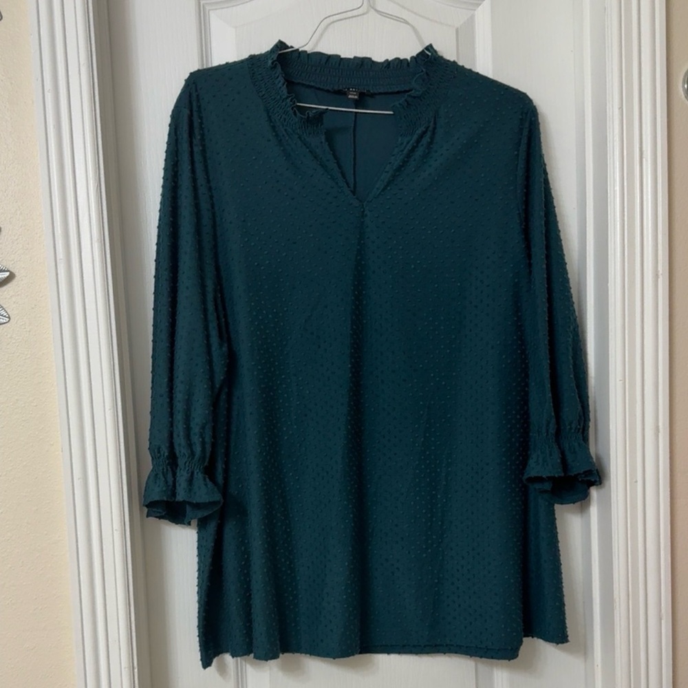 Lane Bryant teal green Swiss dot blouse  v-neck 3/4 length sleeves Size 22/24